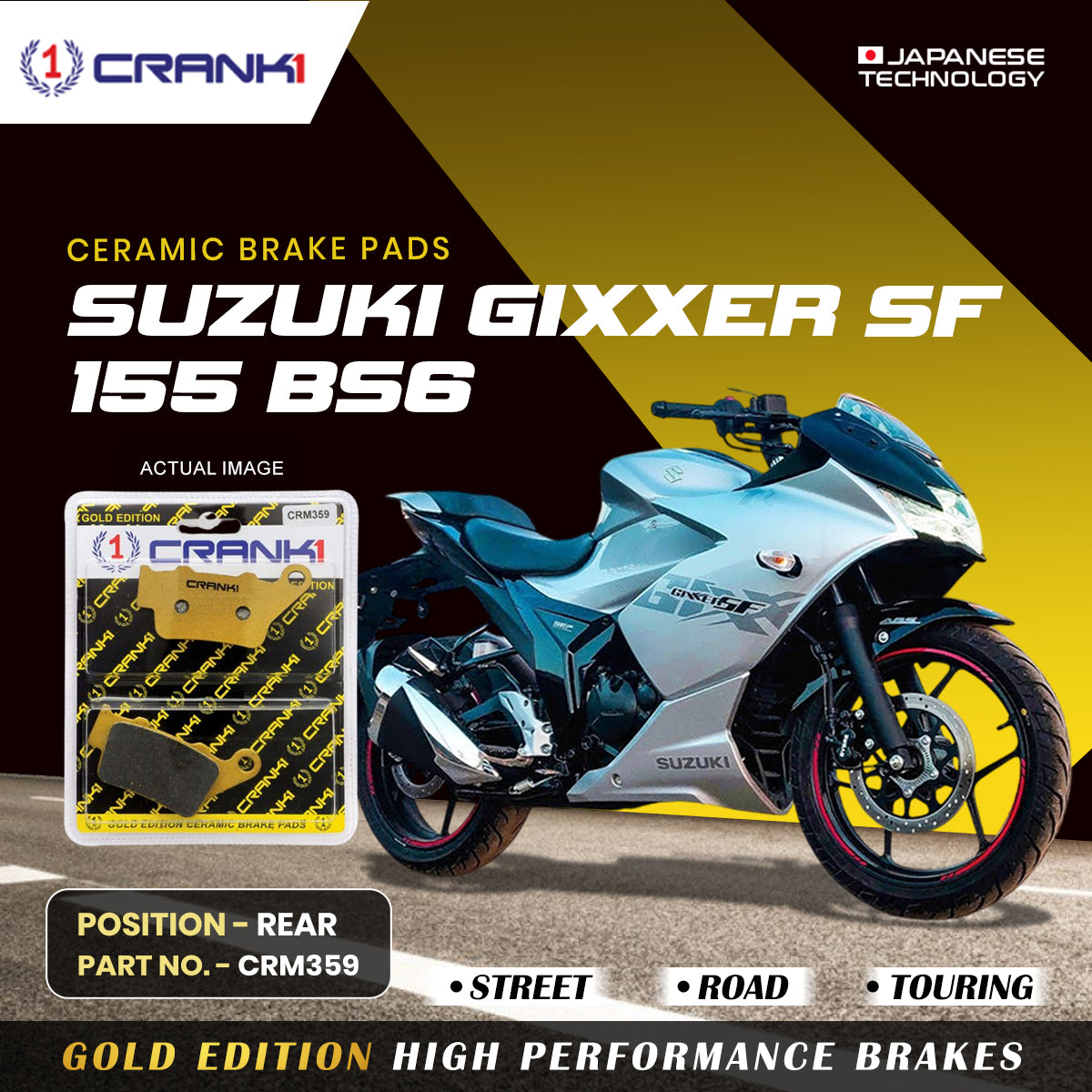 Ceramic Brake Pads For Suzuki Gixxer SF 155 BS6 - Rear - CRM359 - 1 Set