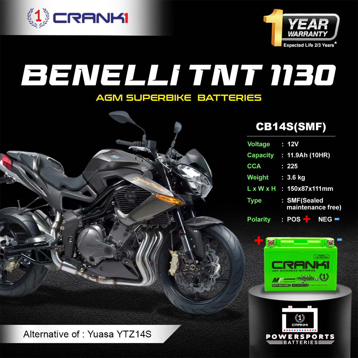 Battery For Benelli TNT 1130 (2015-2017) - CB14S - Factory Activated | 1 Year Warranty | Zero Maintenance | OEM Fitment | High CCA