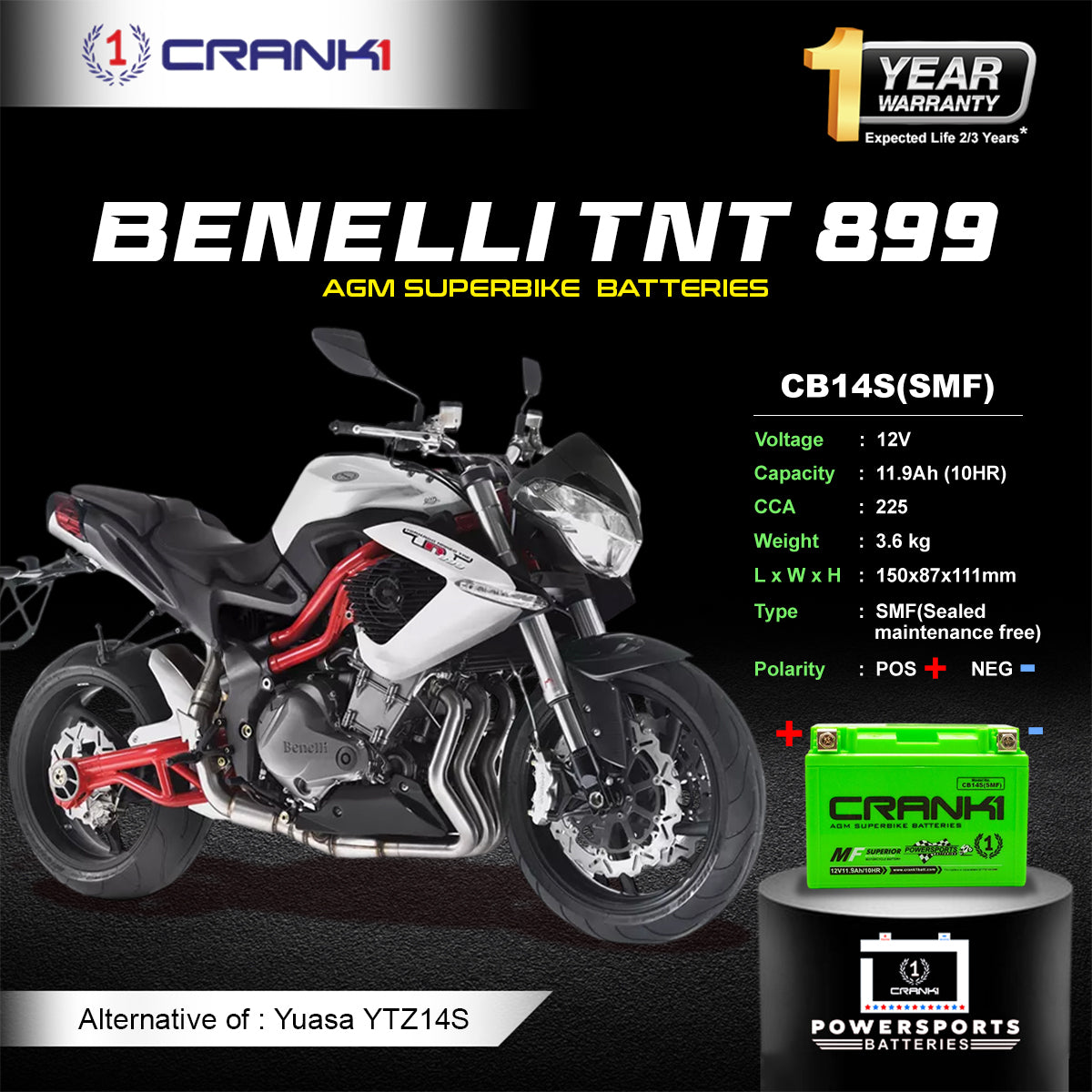 Battery For Benelli TNT 899 - CB14S - Factory Activated