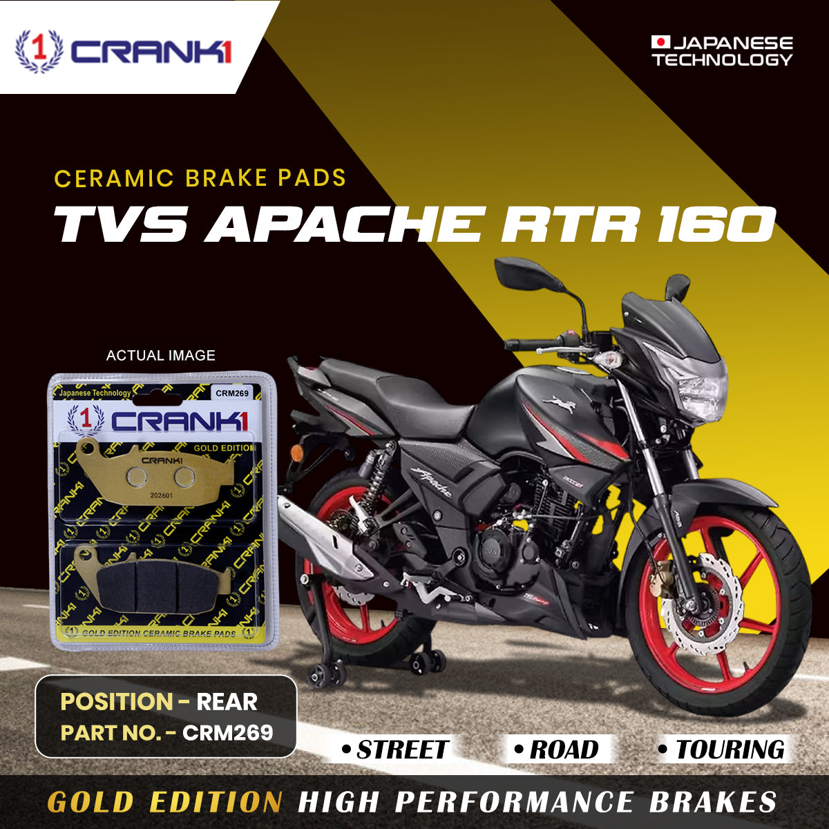 Ceramic Brake Pads For TVS Apache RTR 160 - Rear - CRM269