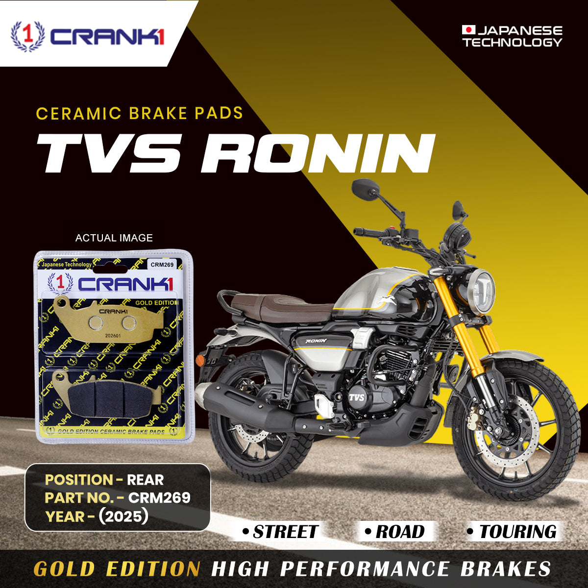 Ceramic Brake Pads For TVS Ronin (2025) - Rear - CRM269 - 1 Set