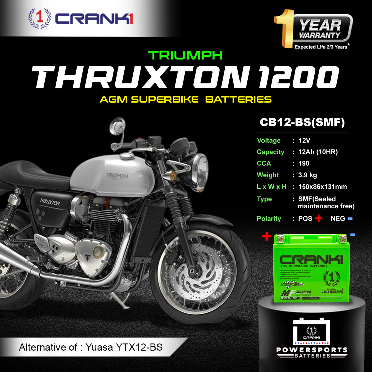 Battery For Triumph Thruxton 1200 - CB12-BS - Factory Activated