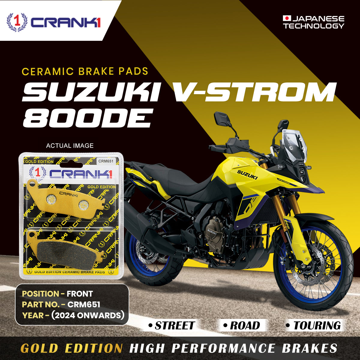 Ceramic Brake Pads For Suzuki V-Strom 800DE (2024 Onwards) - Front - CRM651 - 2 Sets | Smooth Braking | Heat Resistant | Long Life | Disc Friendly