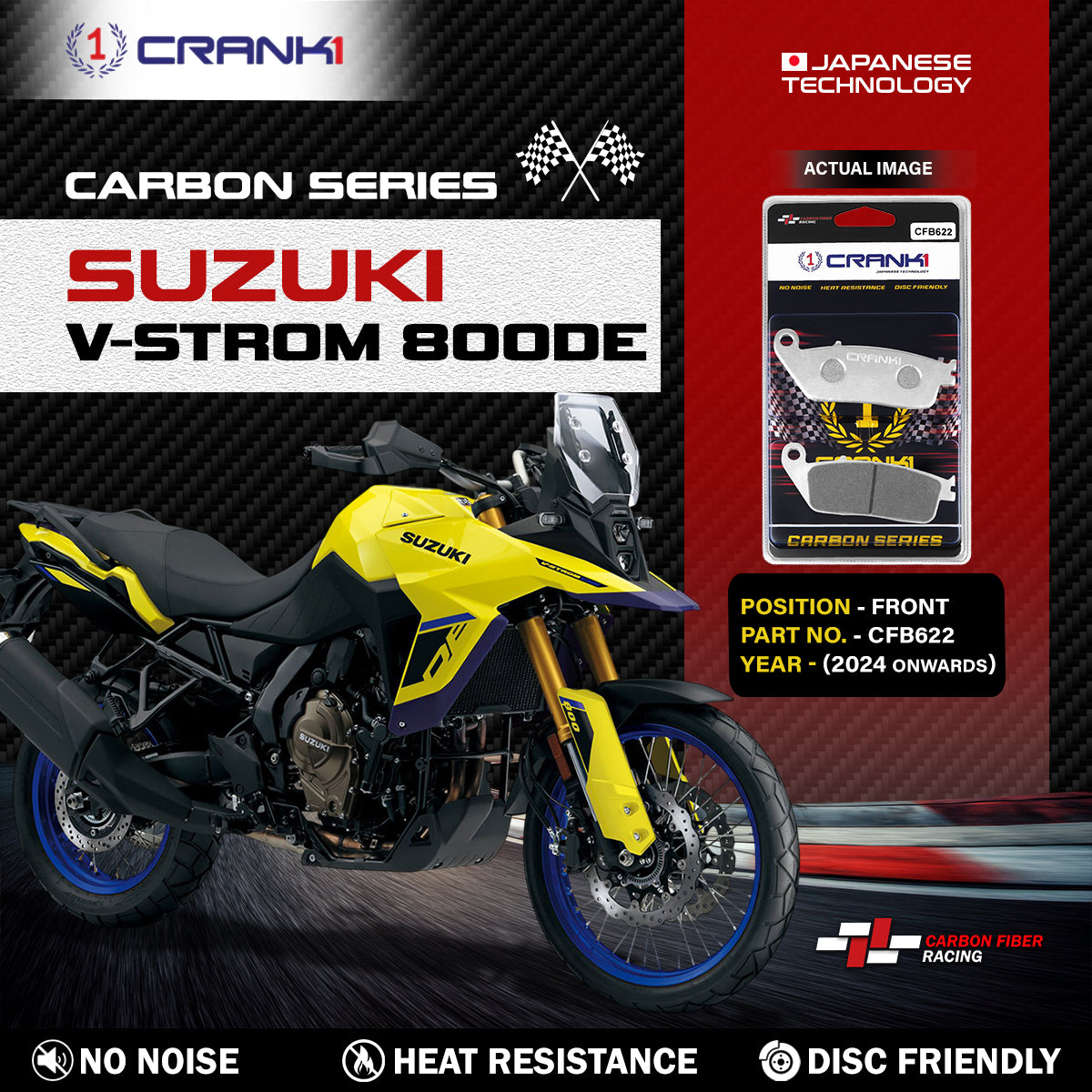 Carbon Brake Pads For Suzuki V-Strom 800DE (2024 Onwards) - Front - CFB622 - 2 Sets | No Noise | High Performance | Superior Stopping Power | Heat Resistant | Long Life