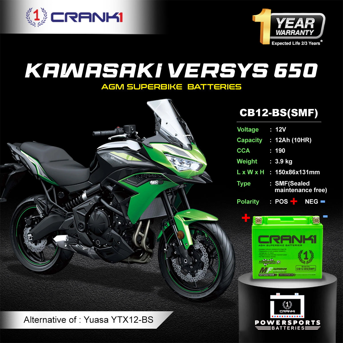 Battery For Kawasaki Versys 650 (2008-2025) - CB12-BS - Factory Activated