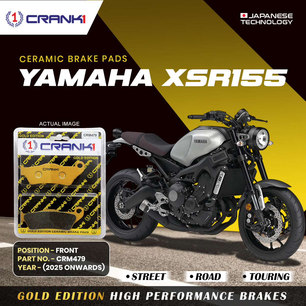 Ceramic Brake Pads For Yamaha XSR155 (2025 Onwards) - Front - CRM479 - 1 Set | Smooth Braking | Heat Resistant | Long Life | Disc Friendly