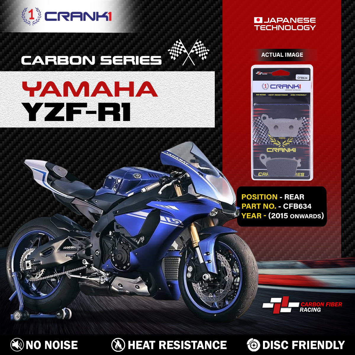 Carbon Brake Pads For Yamaha YZF-R1 (2015 Onwards) - Rear - CFB634