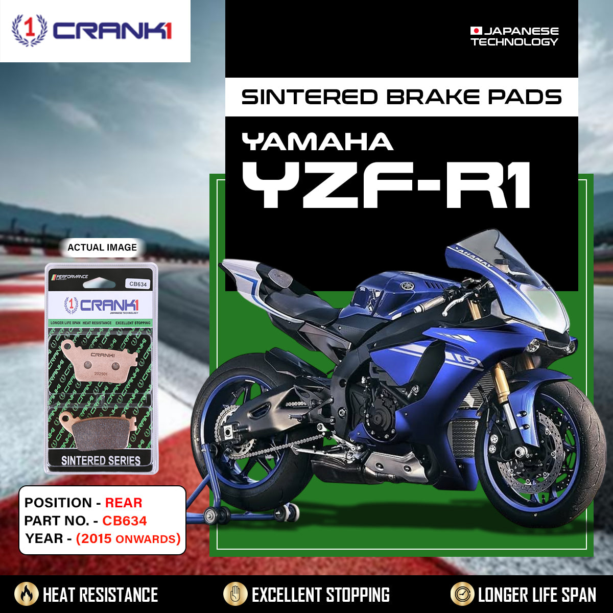 Sintered Brake Pads For Yamaha YZF-R1 (2015 Onwards) - Rear - CB634 - 1 Set