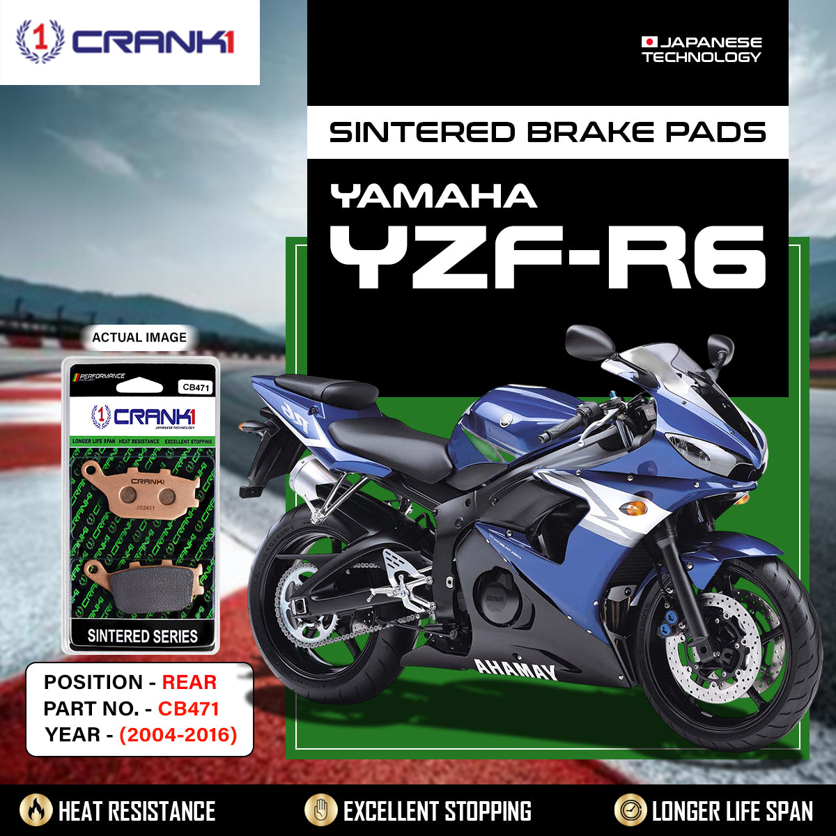 Sintered Brake Pads For Yamaha YZF-R6 (2004-2016) - Rear - CB471 - 1 Set