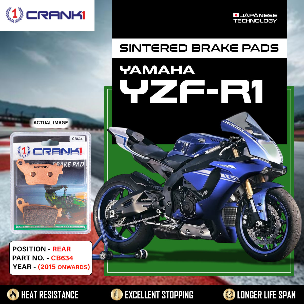 Sintered Brake Pads For Yamaha YZF-R1 (2015 Onwards) - Rear - CB634