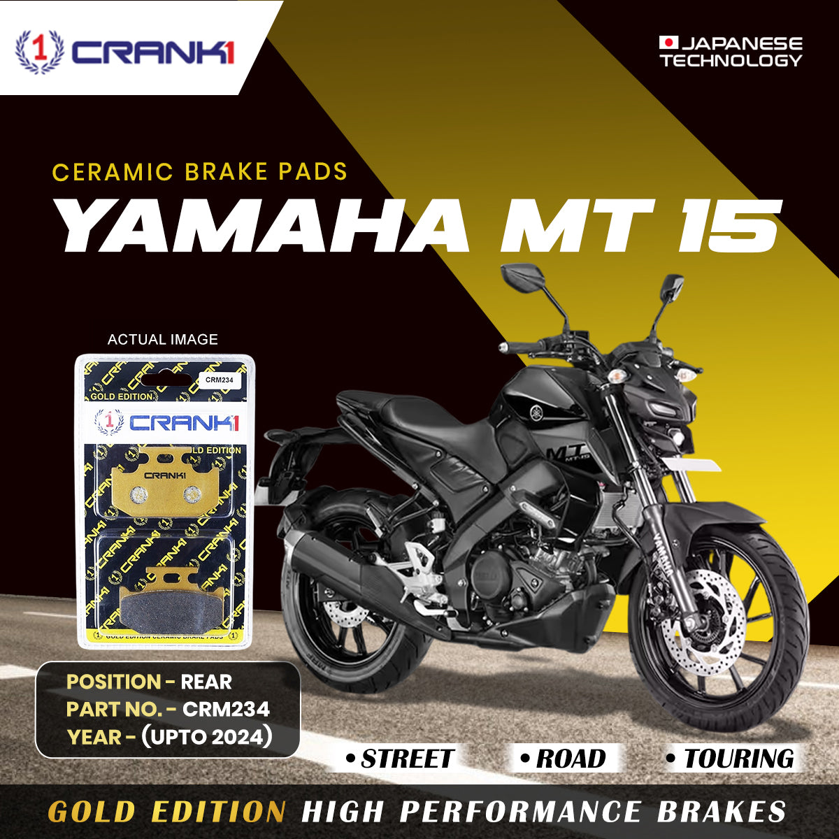 Ceramic Brake Pads For Yamaha MT-15 (Upto 2024) - Rear - CRM234 - 1 Set | Smooth Braking | Heat Resistant | Long Life | Disc Friendly