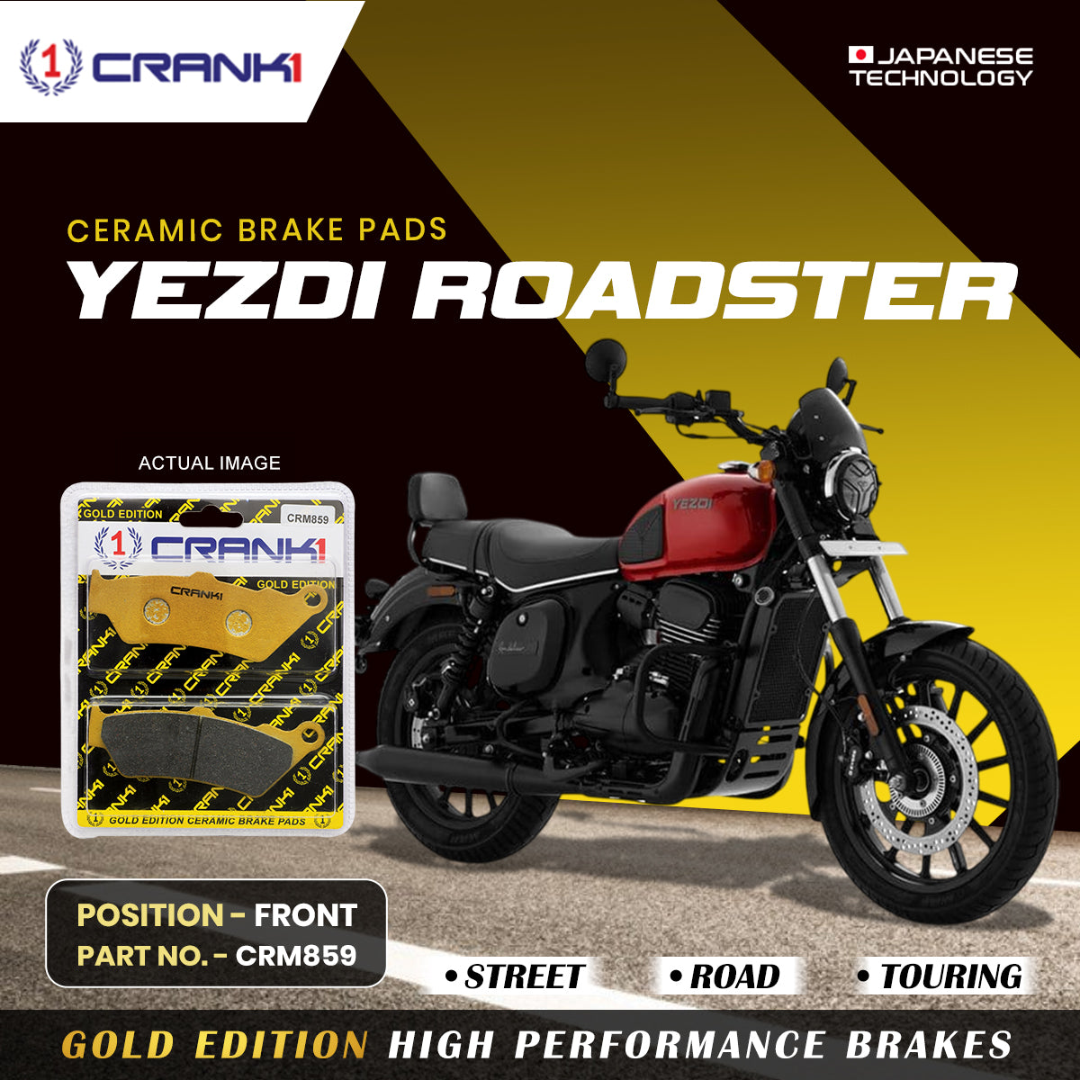 Ceramic Brake Pads For Yezdi Roadster - Front - CRM859 - 1 Set