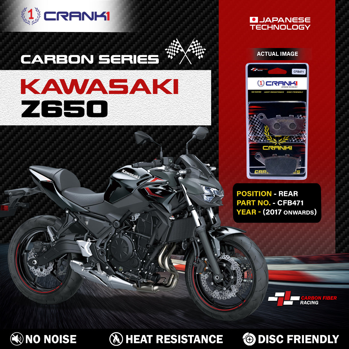 Carbon Brake Pads For Kawasaki Z650 (2017 Onwards) - Rear - CFB471