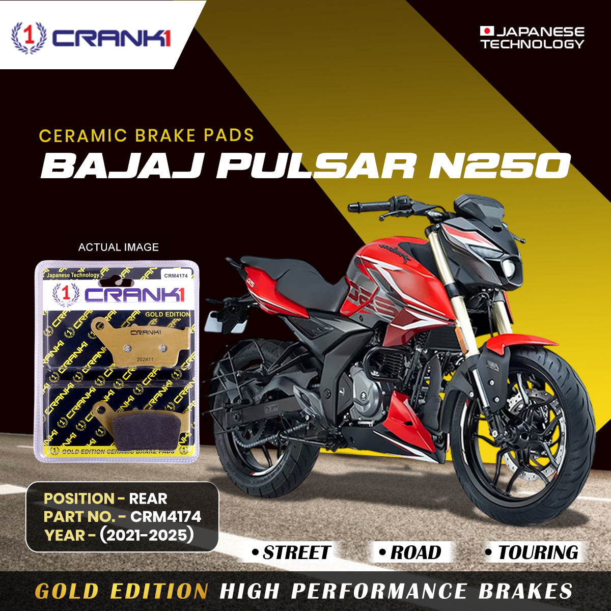 Ceramic Brake Pads For Bajaj Pulsar N250 (2021-2025) - Rear - CRM4174