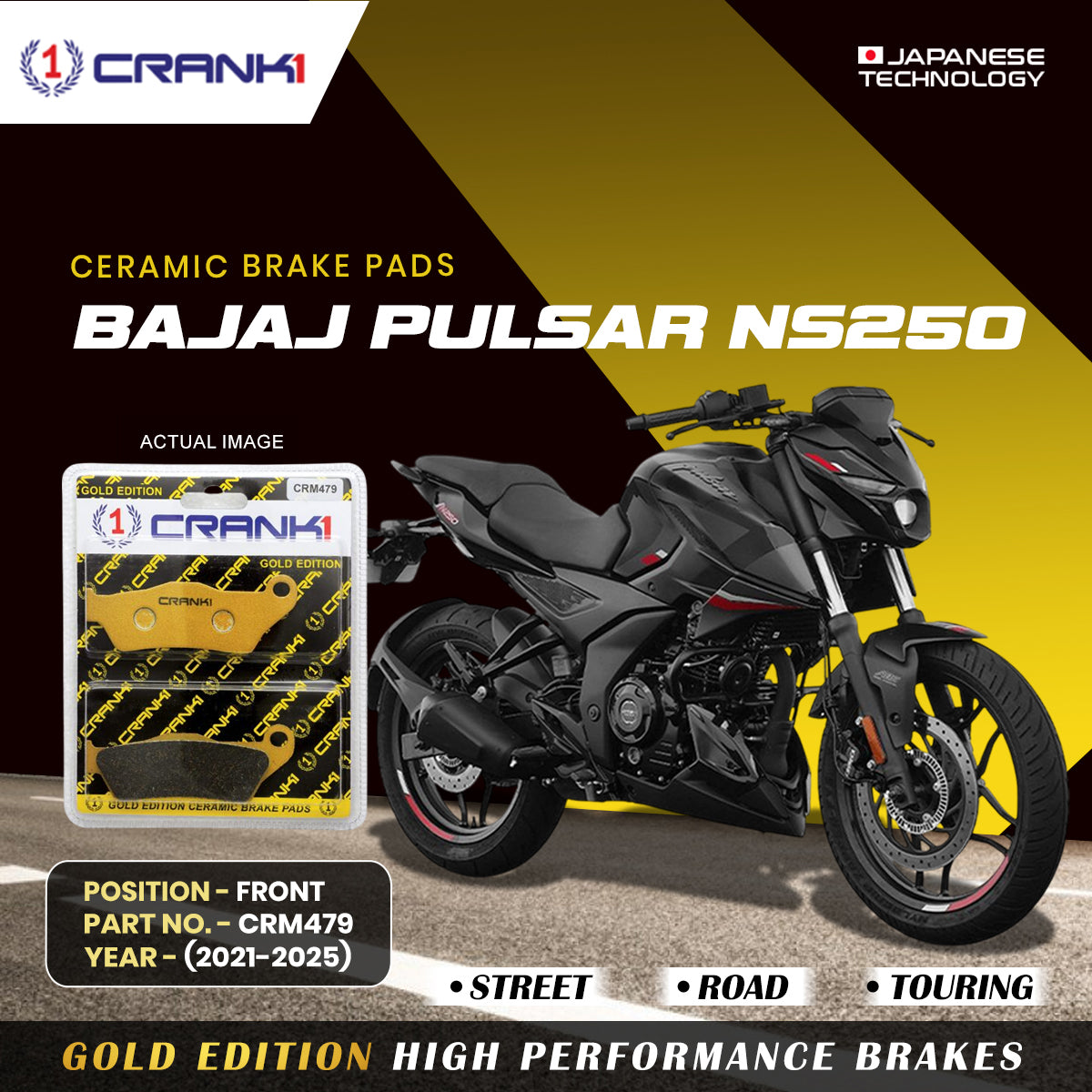 Ceramic Brake Pads For Bajaj Pulsar NS250 (2021-2025) - Front - CRM479