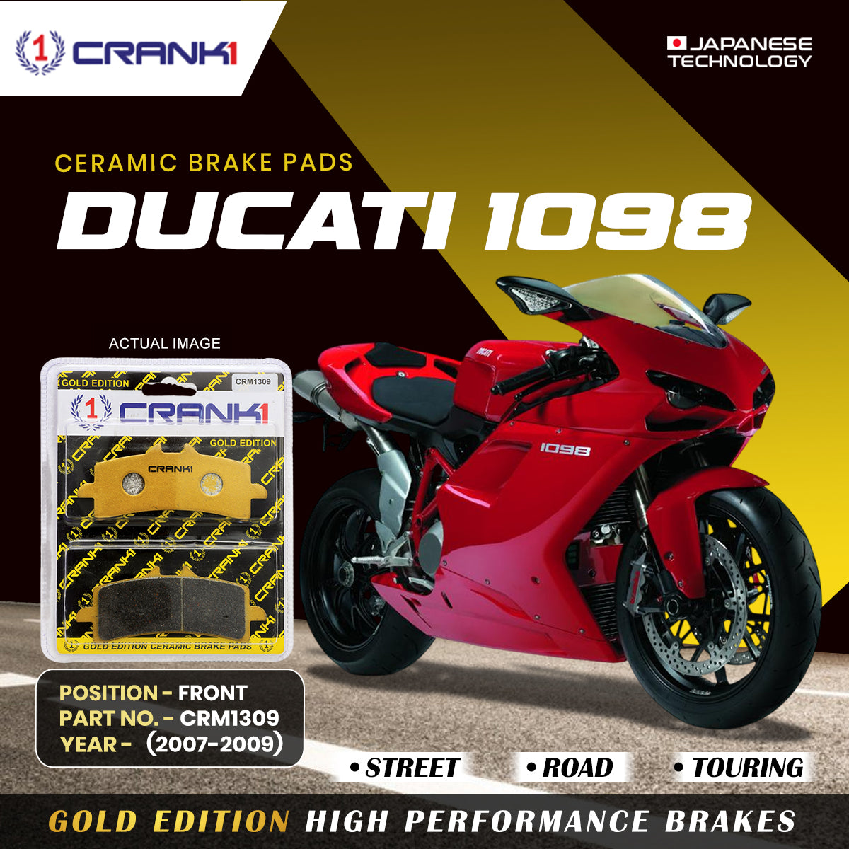 Ceramic Brake Pads For  Ducati 1098 (2007-2009) - Front - CRM1309 - 2 Sets | Smooth Braking | Heat Resistant | Long Life | Disc Friendly