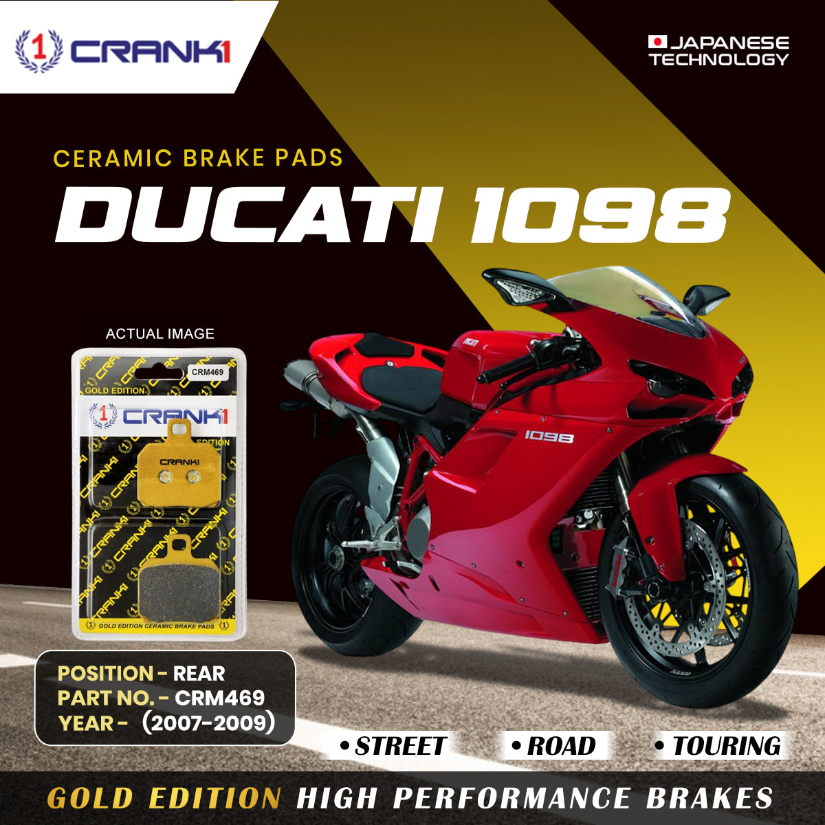 Ceramic Brake Pads For Ducati 1098	(2007-2009)  - Rear - CRM469 - 1 Set | Smooth Braking | Heat Resistant | Long Life | Disc Friendly