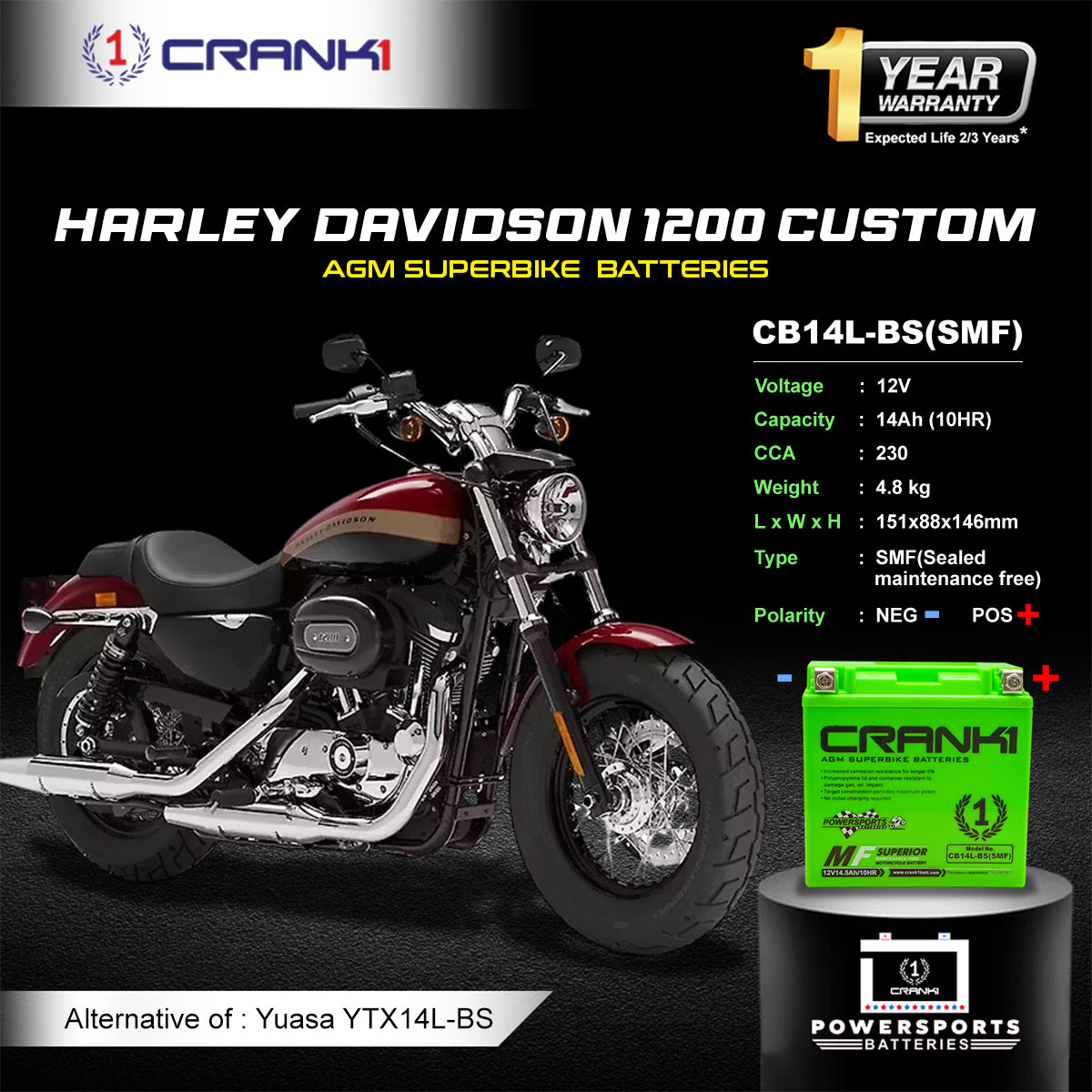 Battery For Harley Davidson 1200 Custom (2010-2025) - CB14L-BS - Factory Activated