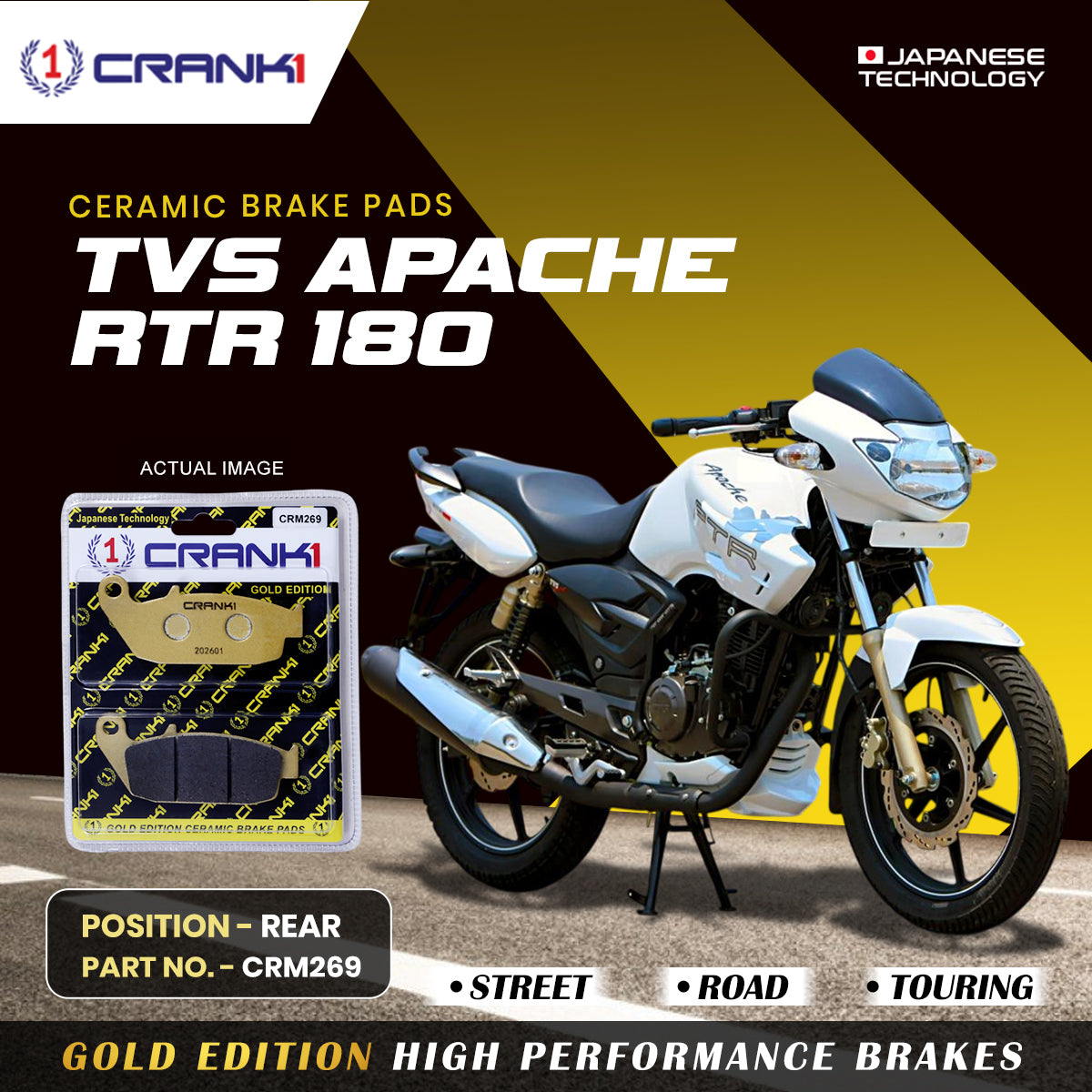 Ceramic Brake Pads For TVS Apache RTR 180 - Rear - CRM269