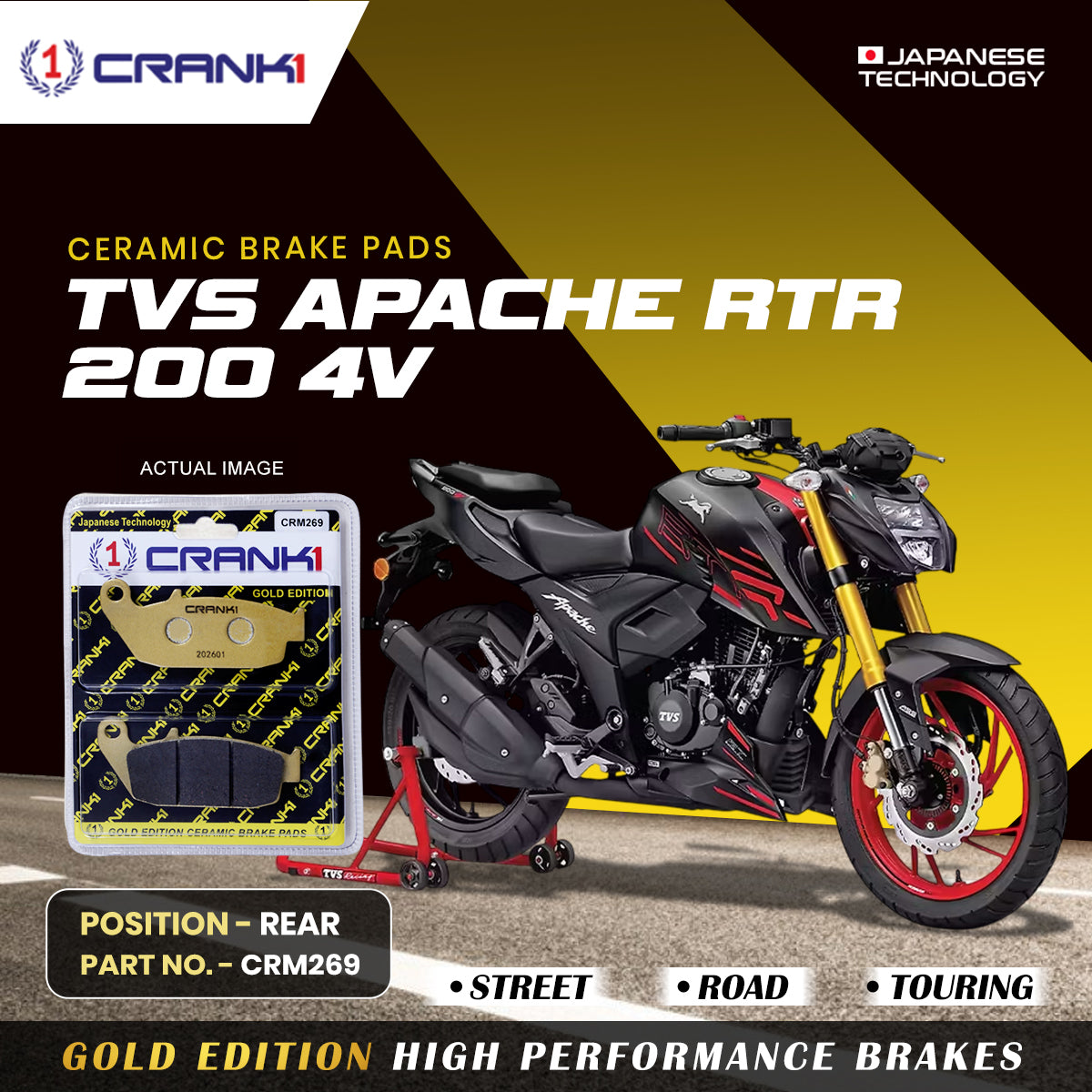 Ceramic Brake Pads For TVS Apache RTR 200 4V - Rear - CRM269