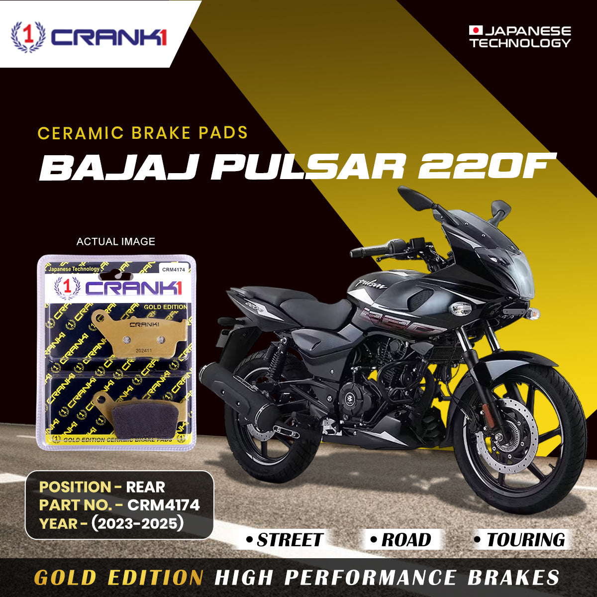 Ceramic Brake Pads For Bajaj Pulsar 220F (2023-2025) - Rear - CRM4174