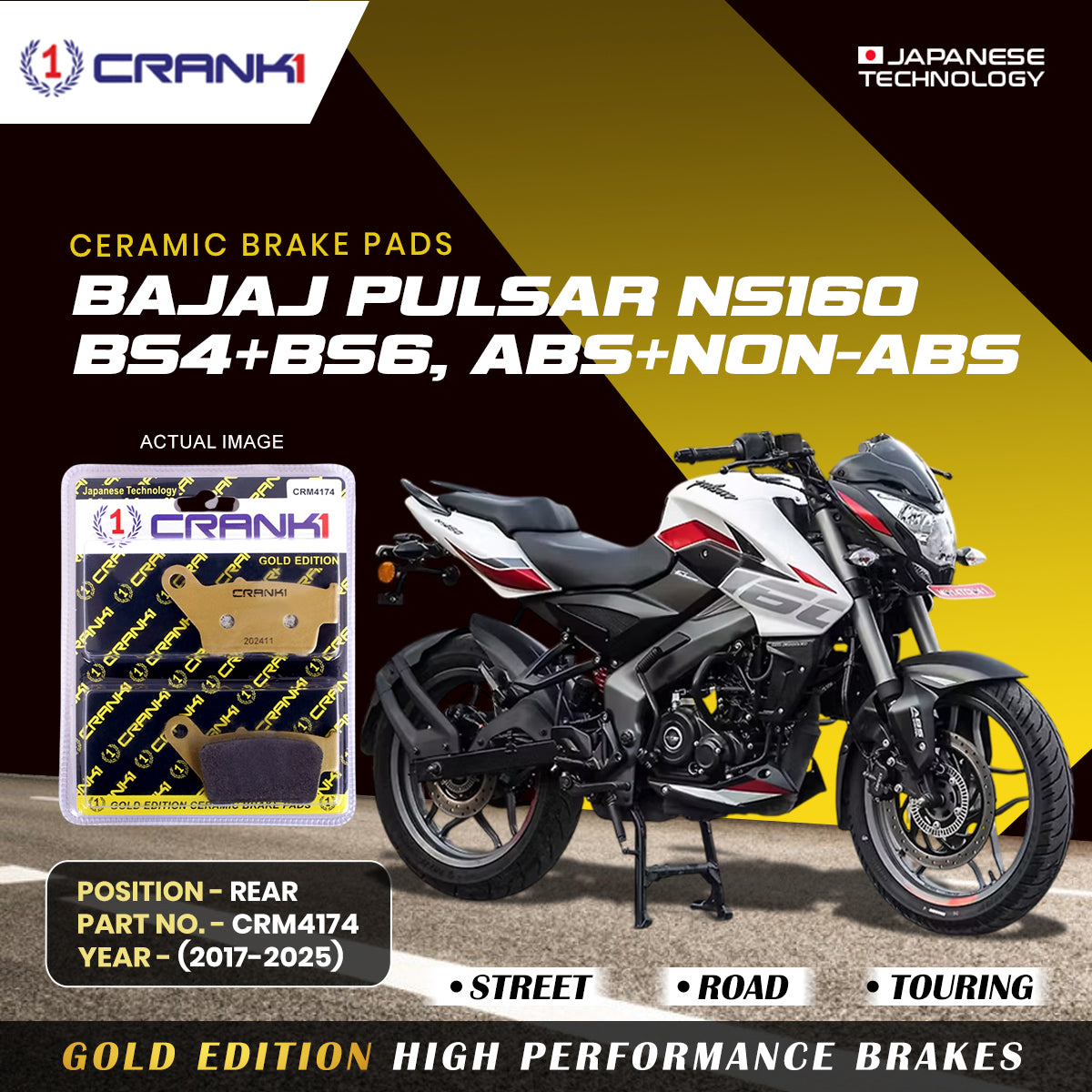 Ceramic Brake Pads For Bajaj Pulsar NS-160 BS4+BS6, ABS+NON-ABS (2017-2025) - Rear - CRM4174