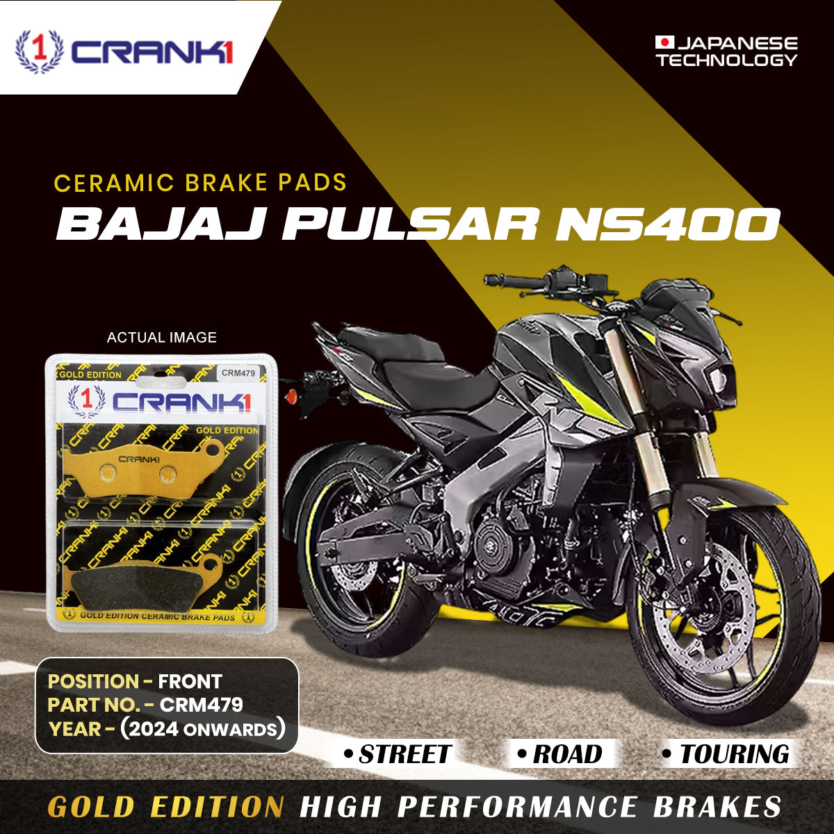 Ceramic Brake Pads For Bajaj Pulsar NS400 (2024 Onwards) - Front - CRM479