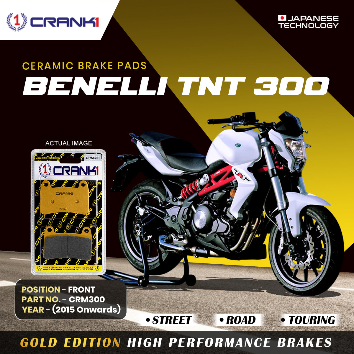 Ceramic Brake Pads For Benelli TNT 300 (2015 Onwards) - Front - CRM300 - 2 Sets | Smooth Braking | Heat Resistant | Long Life | Disc Friendly
