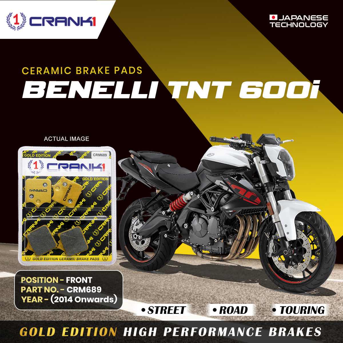 Ceramic Brake Pads For Benelli TNT 600i (2014 Onwards) - Front - CRM689 - 2 Sets | Smooth Braking | Heat Resistant | Long Life | Disc Friendly