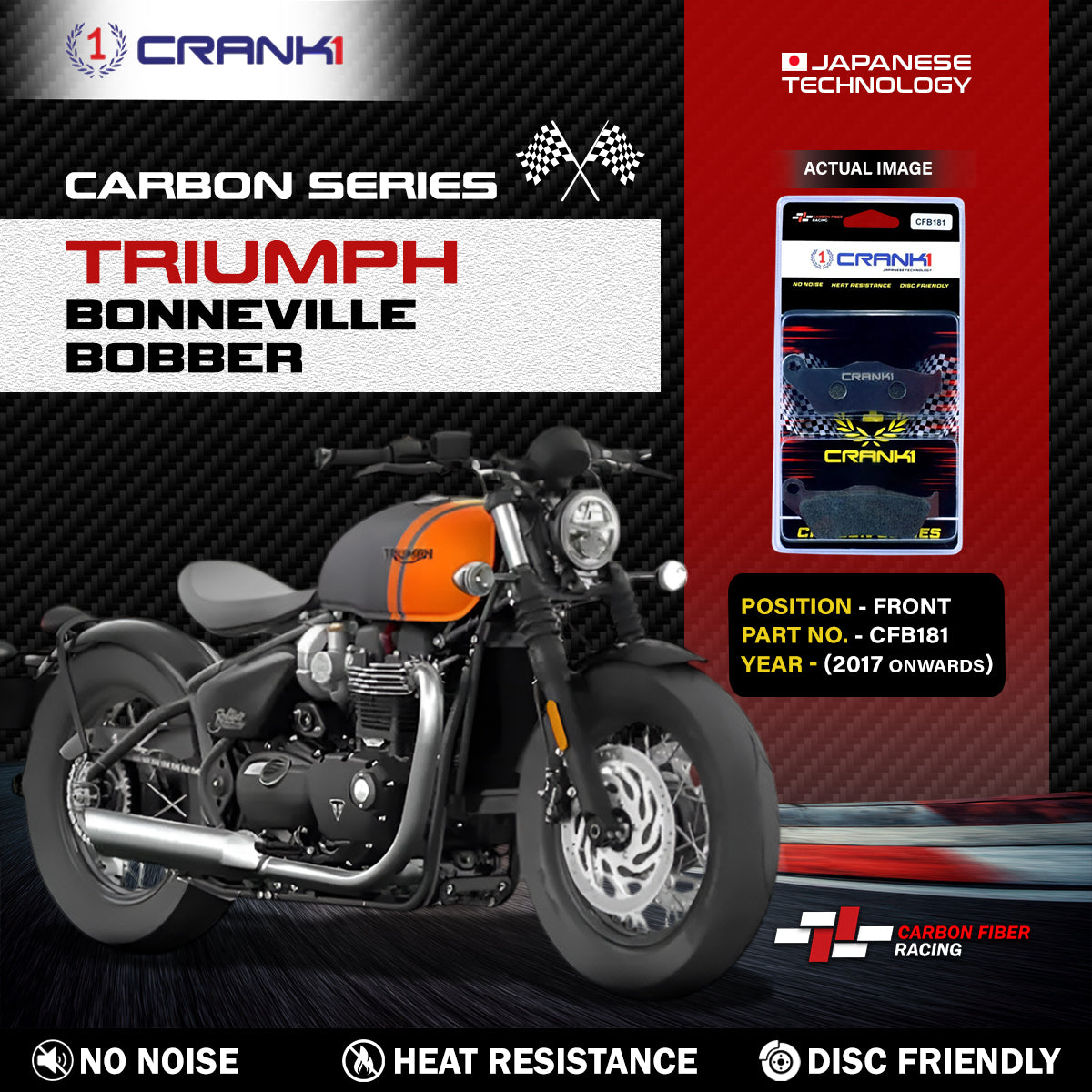 Carbon Brake Pads For Triumph Bonneville Bobber (2017 Onwards) - Front - CFB181 - 2 Sets