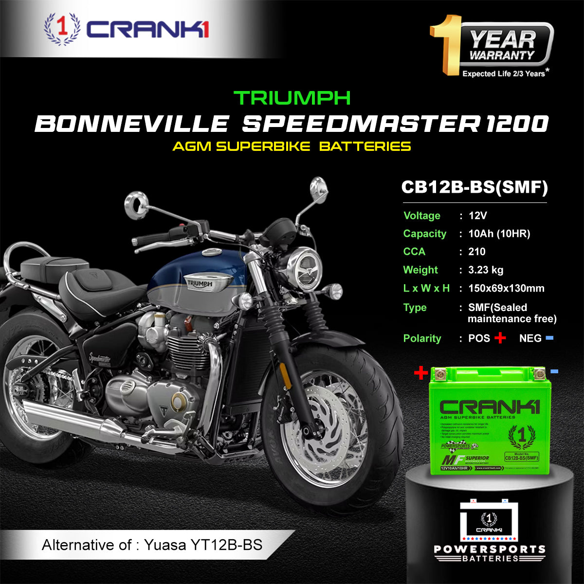 Battery For Triumph Bonneville Speedmaster 1200 (2003-2015) - CB12B-BS - Factory Activated