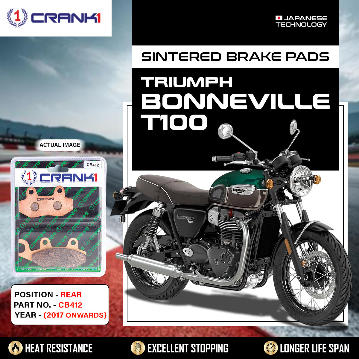 Sintered Brake Pads Triumph Bonneville T100 (2017 Onwards) - Rear - CB412