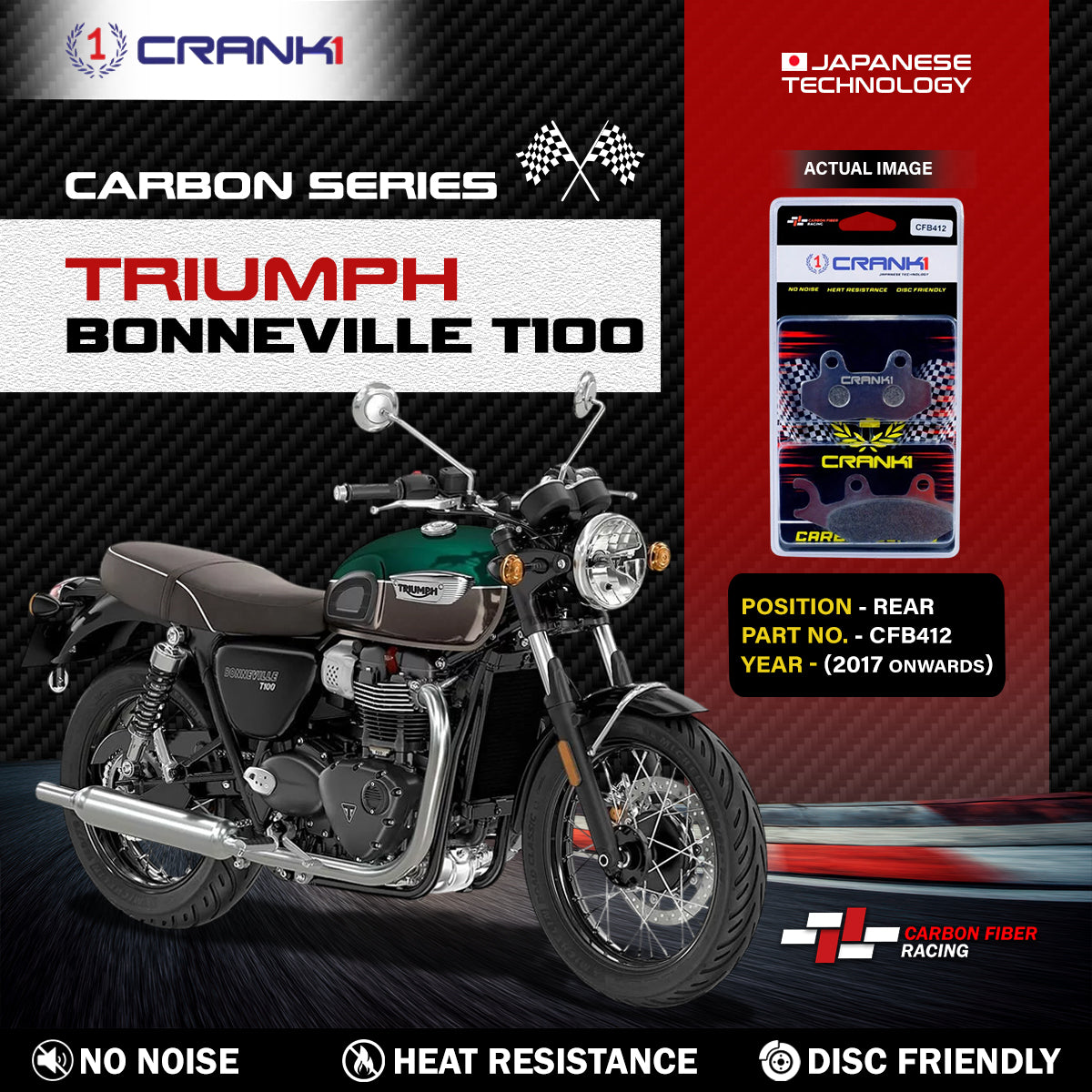 Carbon Brake Pads For Triumph Bonneville T100 (2017 Onwards) - Rear - CFB412