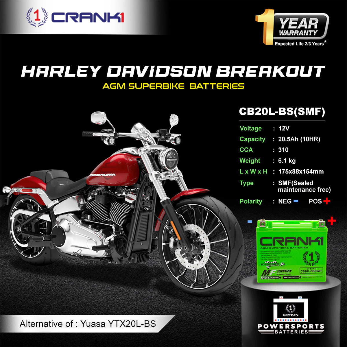 Battery For Harley Davidson Breakout (2015-2025) - CB20L-BS - Factory Activated