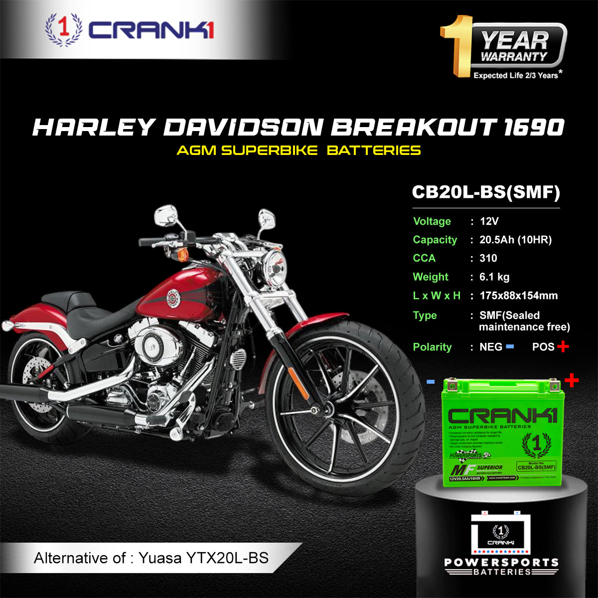 Battery For Harley Davidson Breakout 1690 (2010-2025) - CB20L-BS - Factory Activated