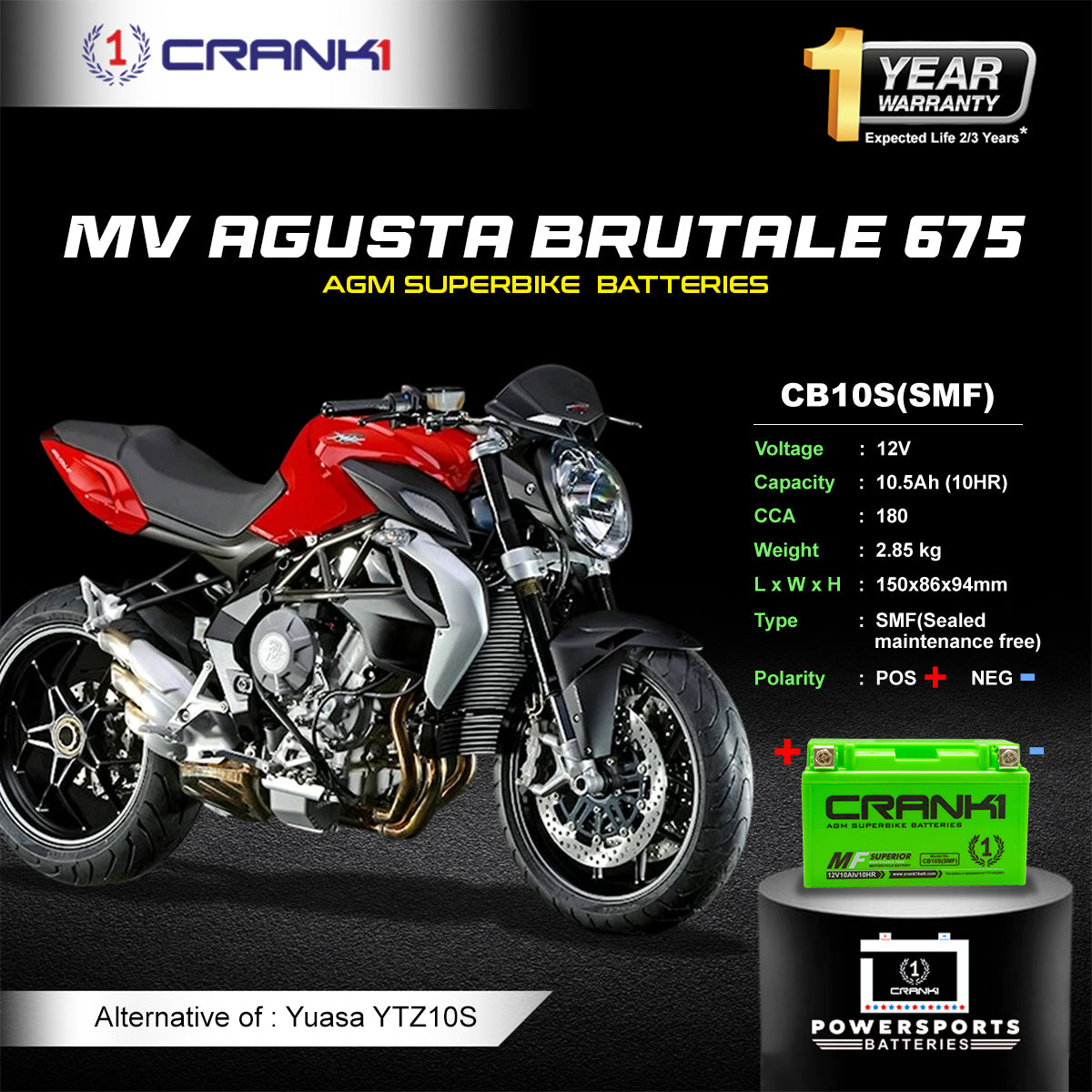 Battery For MV Agusta Brutale 675 (2006-2009) - CB10S - Factory Activated