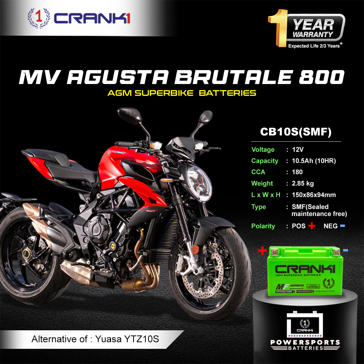 Battery For MV Agusta Brutale 800 (2016-2020) - CB10S - Factory Activated