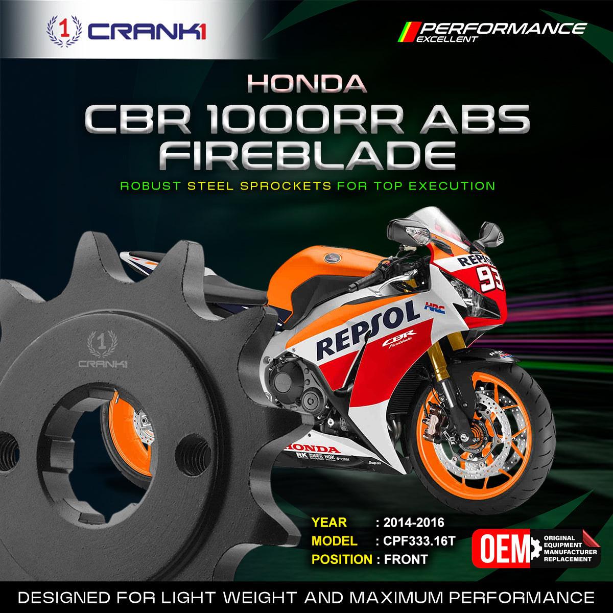 Sprocket For Honda CBR 1000RR Abs Fireblade (2014-2016) - Front - CPF333.16T