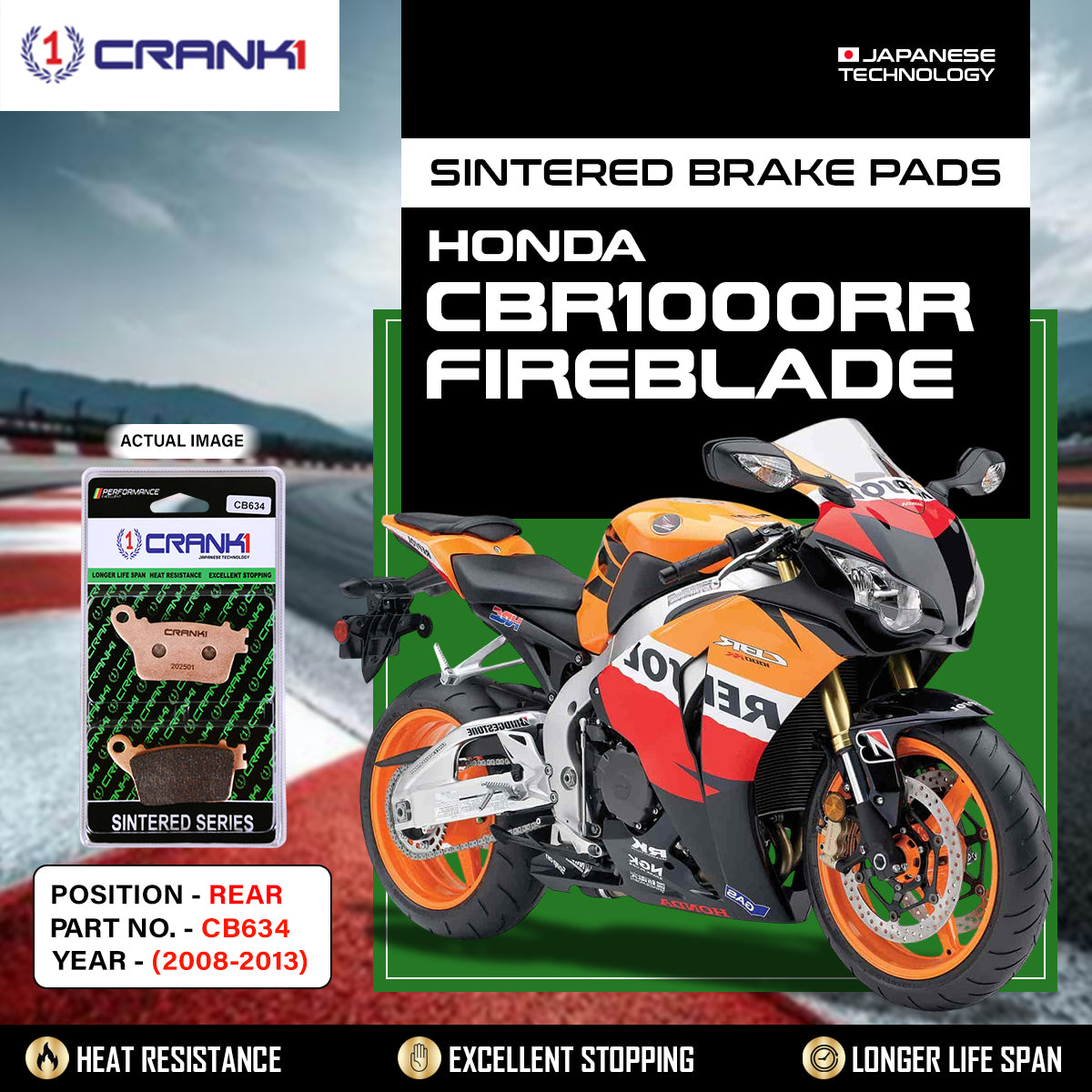 Sintered Brake Pads For Honda CBR1000RR Fireblade (2008-2013) - Rear - CB634 - 1 Set
