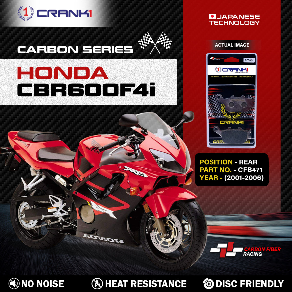 Carbon Brake Pads For Honda CBR600F4i (2001-2006) - Rear - CFB471