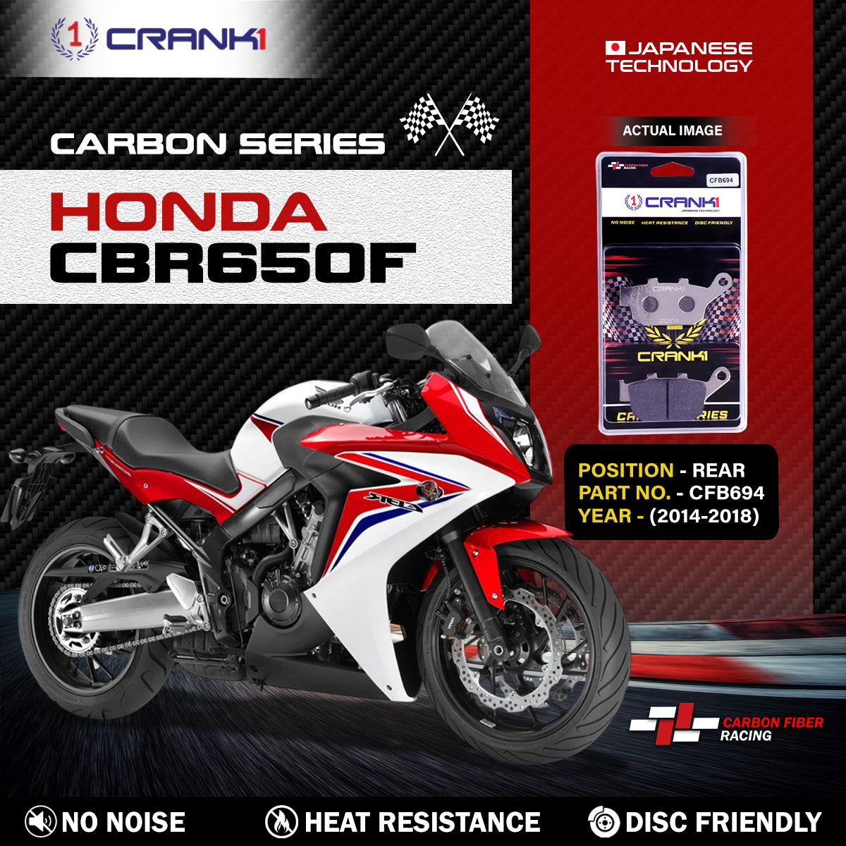 Carbon Brake Pads For Honda CBR650F (2014-2018) - Rear - CFB694