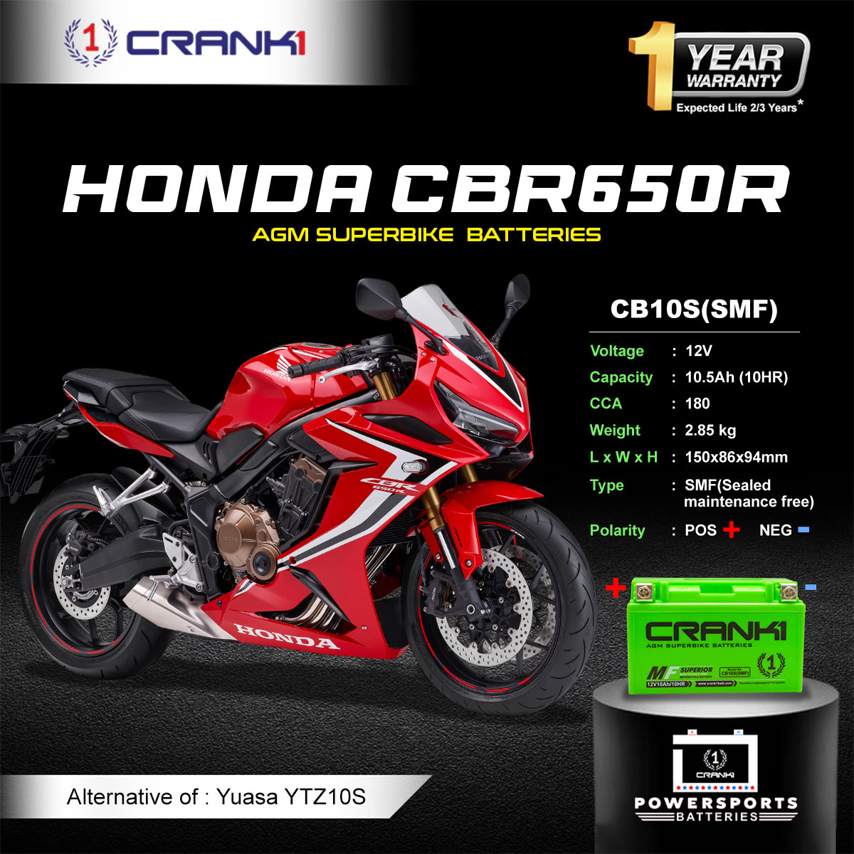 Battery For Honda CBR650R (2010-2025) - CB10S - Factory Activated