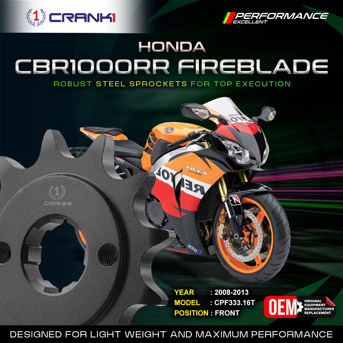 Sprocket For Honda CBR1000RR Fireblade (2008-2013) - Front - CPF333.16T