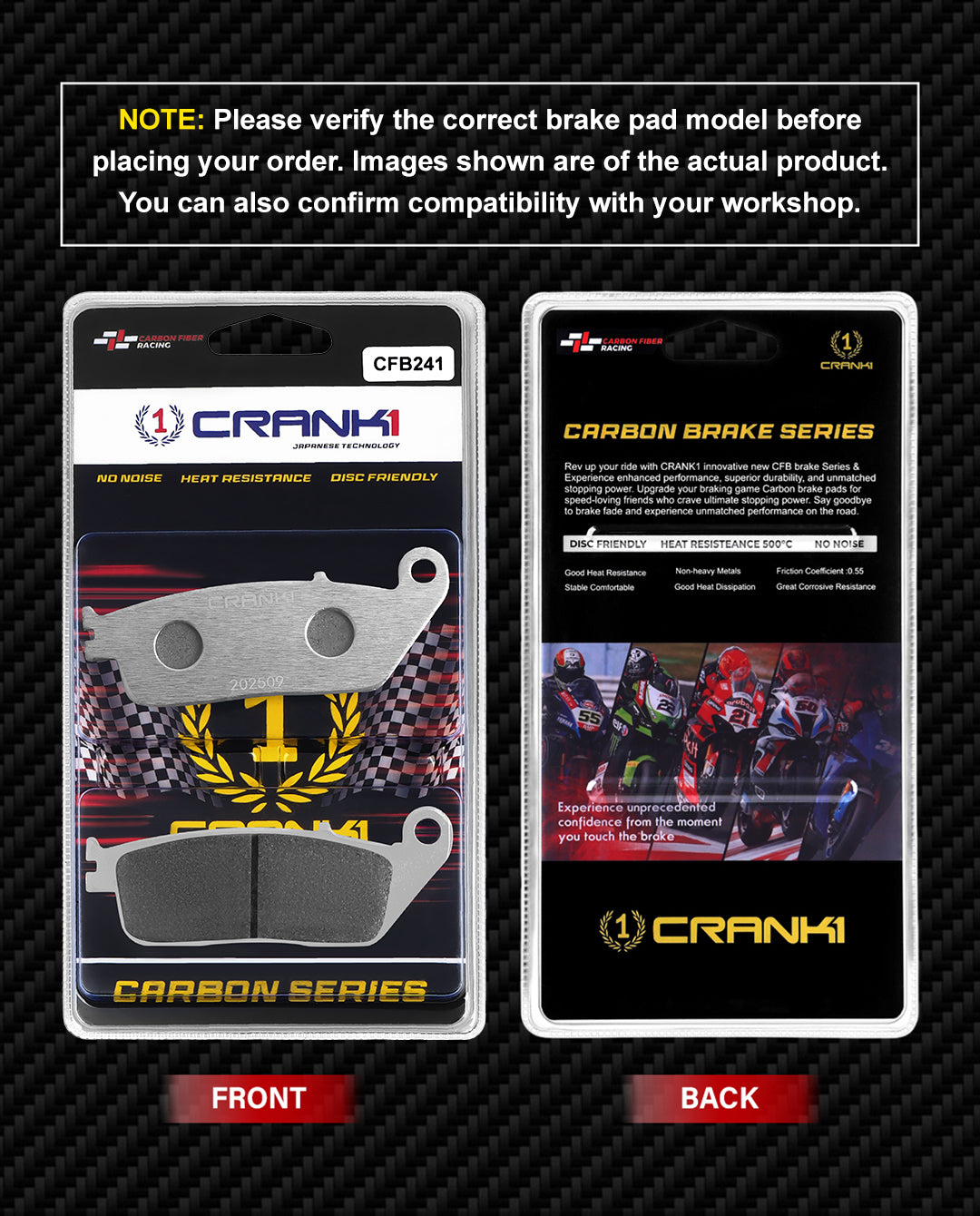 Carbon Brake Pads For Honda CBR650F (2014-2018) - Front - CFB241 - 2 Sets