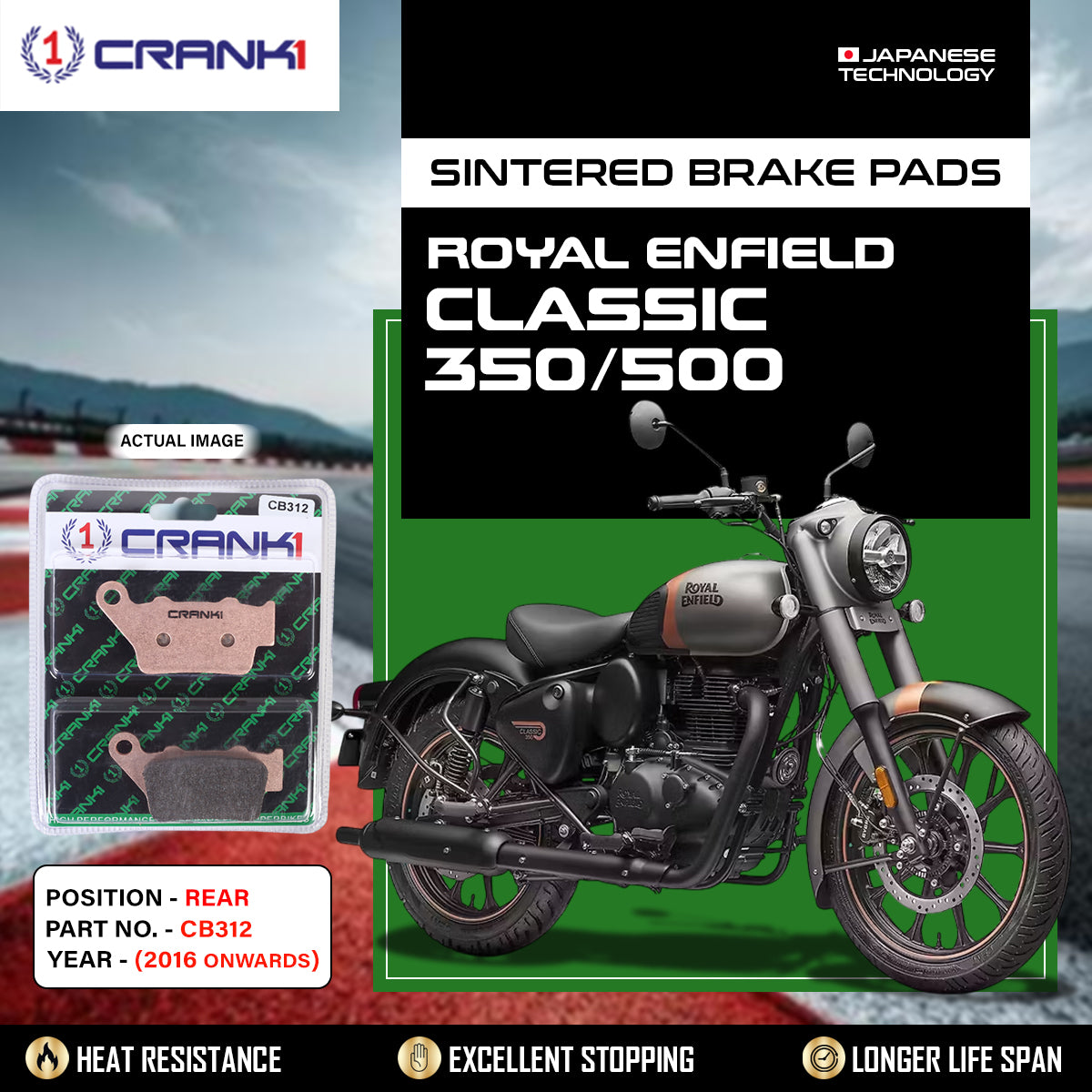 Sintered Brake Pads For Royal Enfield Classic 350/500 (2016 Onwards) - Rear - CB312