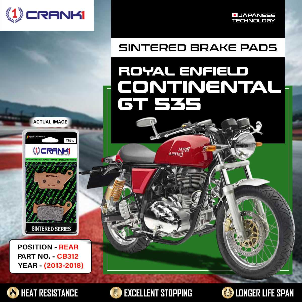 Sintered Brake Pads For Royal Enfield Continental GT 535 (2013-2018) - Rear - CB312 - 1 Set