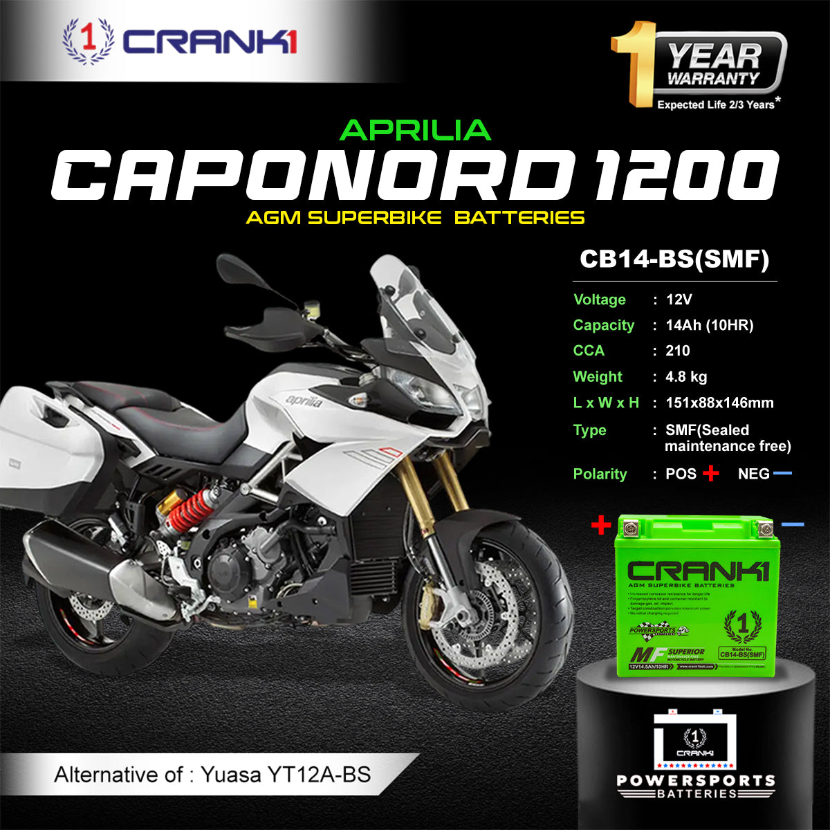 Battery For Aprilia Caponord 1200 (2010-2017) - CB14-BS - Factory Activated