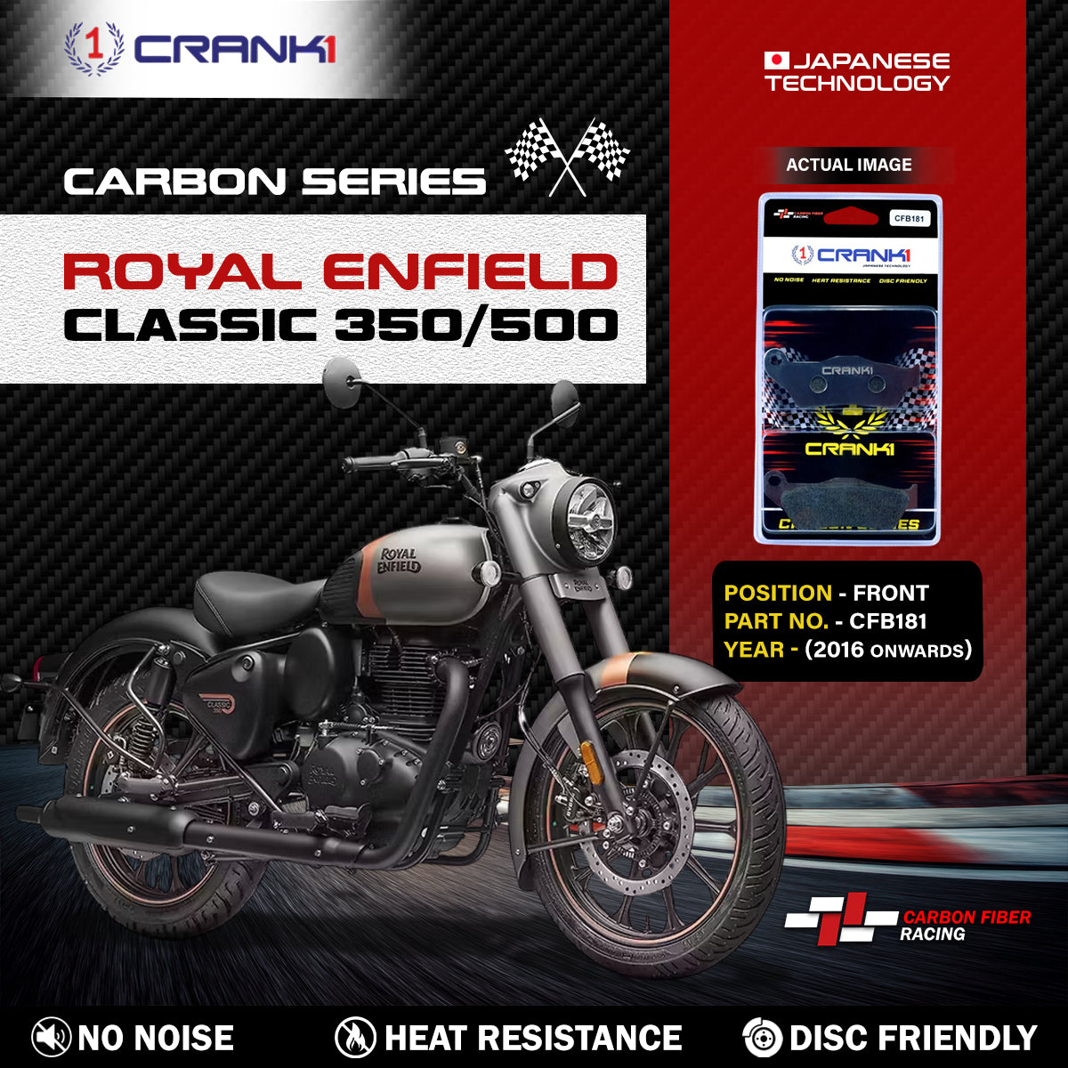 Carbon Brake Pads For Royal Enfield Classic 350/500 (2016 Onwards) - Front - CFB181