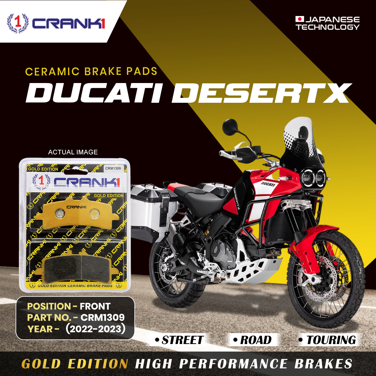 Ceramic Brake Pads For  Ducati DesertX	(2022-2023) - Front - CRM1309 - 1 Set | Smooth Braking | Heat Resistant | Long Life | Disc Friendly