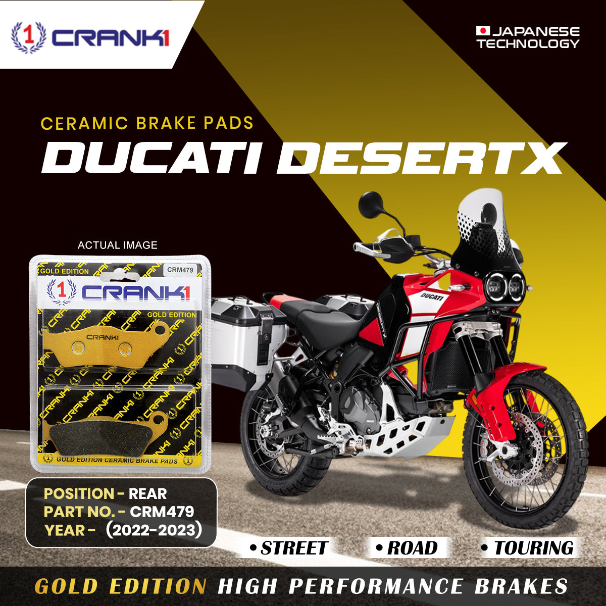Ceramic Brake Pads For  Ducati DesertX (2022-2023) - Rear - CRM479 - 1 Set | Smooth Braking | Heat Resistant | Long Life | Disc Friendly
